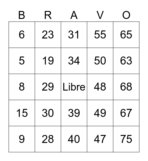 Bravo! 1-75 Bingo Card