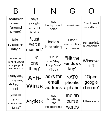 Scammer Bingo Card