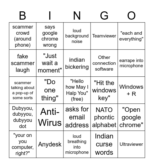 Scammer Bingo Card