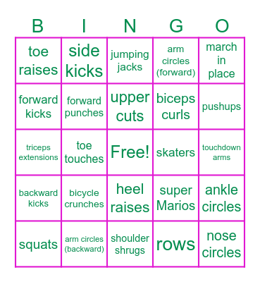 Exercise Bingo Card