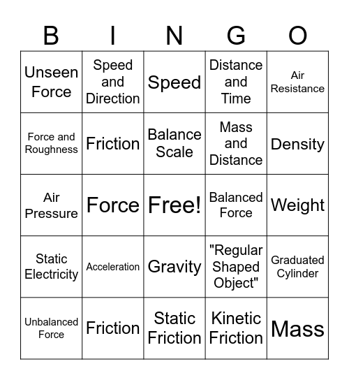 Measuring Motion Bingo Card