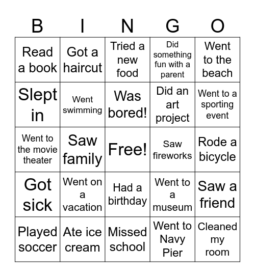 Summer Activities! Bingo Card