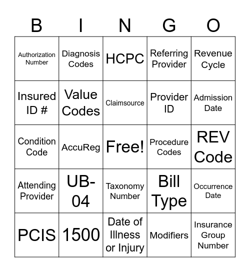 Patient Accounts Bingo Card