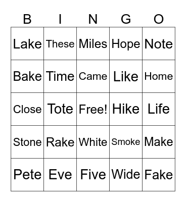 Magic E Bingo Card