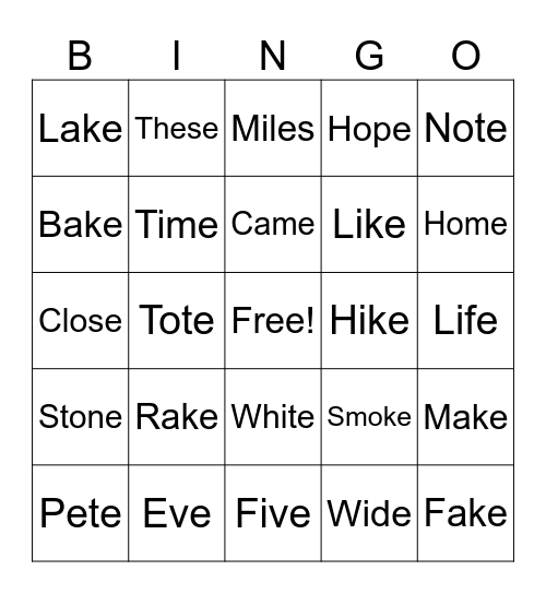 Magic E Bingo Card