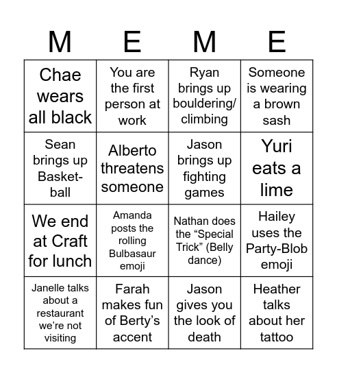 Cody Bingo Card