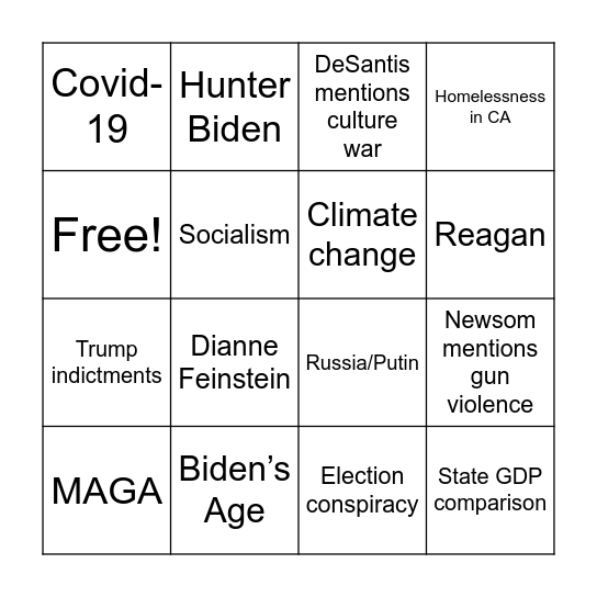 DeSantis v. Newsom Debate Bingo Card