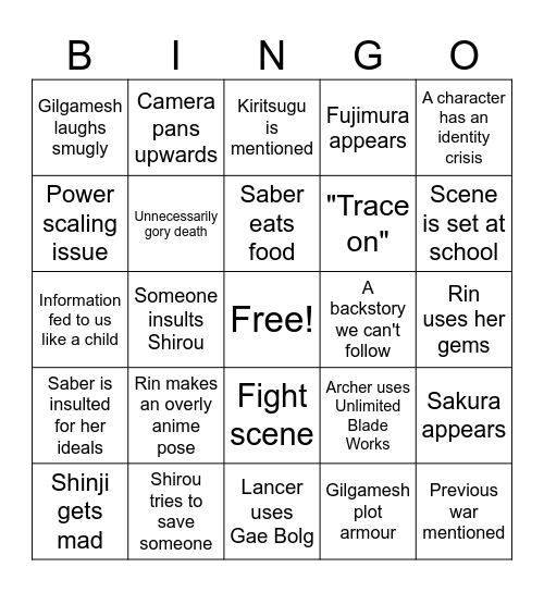 UBW Bingo Card