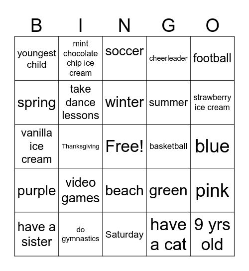 All About Me Bingo Card