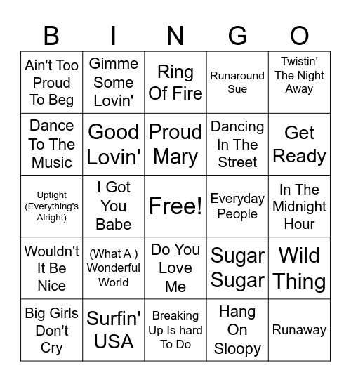 60's Hits Bingo Card