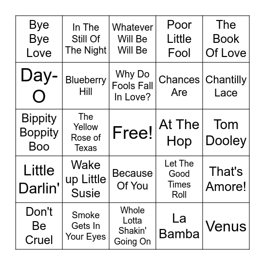 50's Music Bingo Card