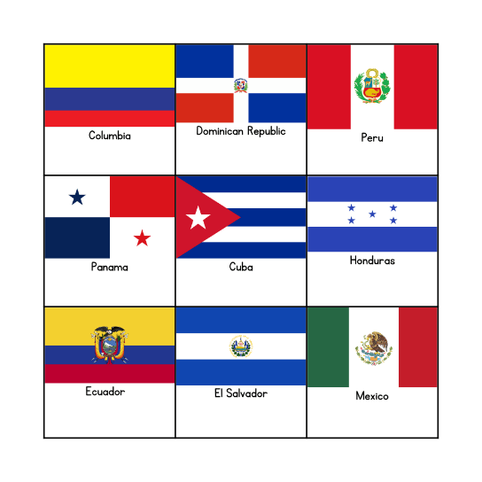 Pepe And The Parade Hispanic Flags and Nationalities Bingo Card