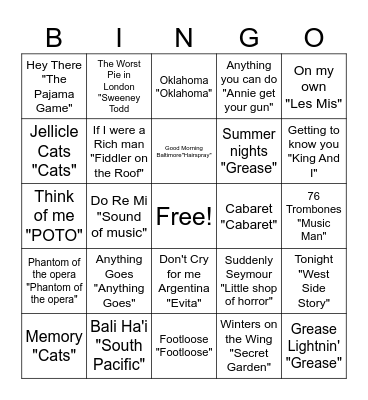 Broadway Songs Bingo Card