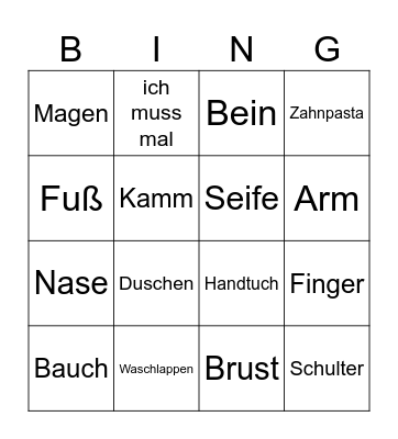 Körper und Hygiene Bingo Card