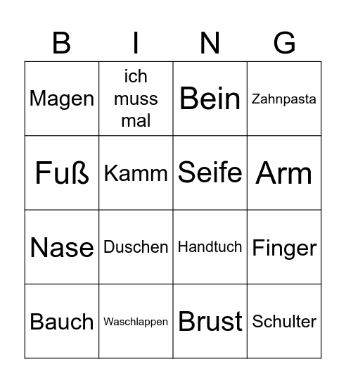 Körper und Hygiene Bingo Card