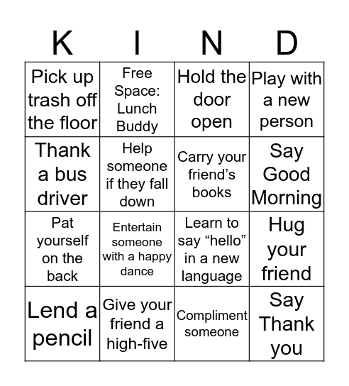 Great Kindness Challenge Bingo Card