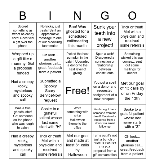 Med/Surg October Call Challenge Bingo Board Bingo Card