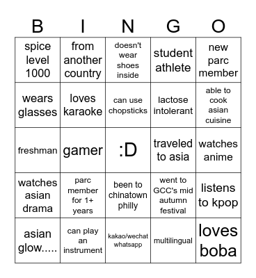 PANA Mixer Bingo Card