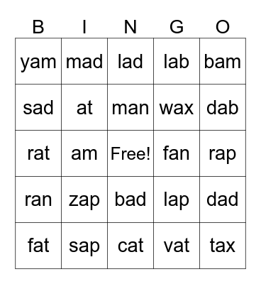 Short a Bingo Card