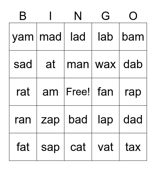Short a Bingo Card