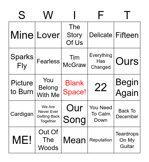 Taylor Swift Bingo Card