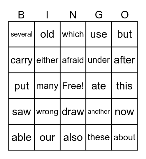 2nd Grade HFW Bingo Card