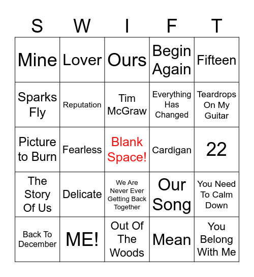 Taylor Swift Bingo Card