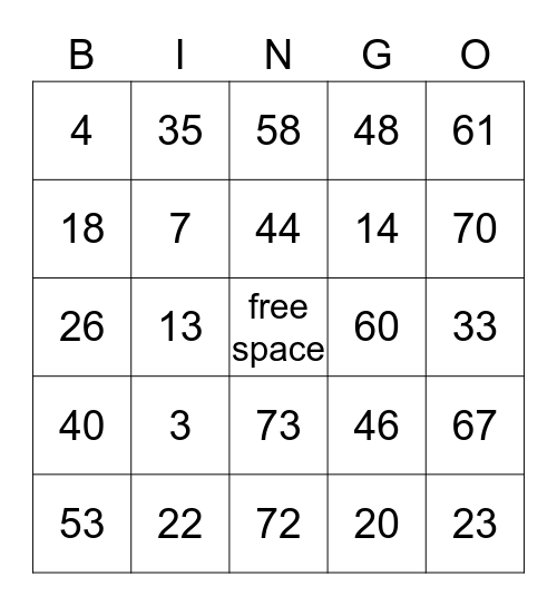 Bingo  Bingo Card