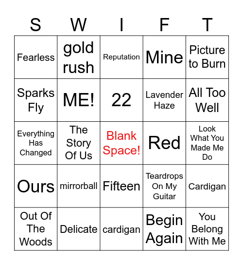 Taylor Swift Bingo Card