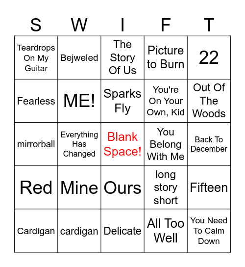 Taylor Swift Bingo Card