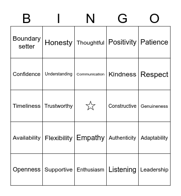 Mentor Bingo Card