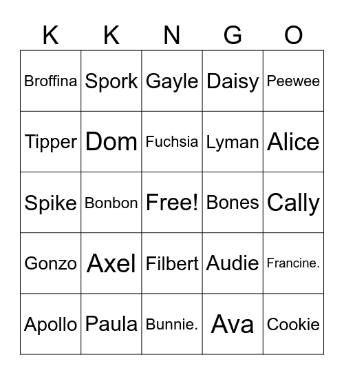 Animal Crossing Villager Bingo Card