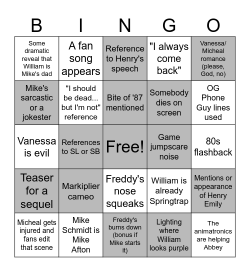 FNAF BINGO Card