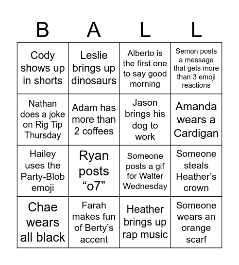 Sean Bingo Card