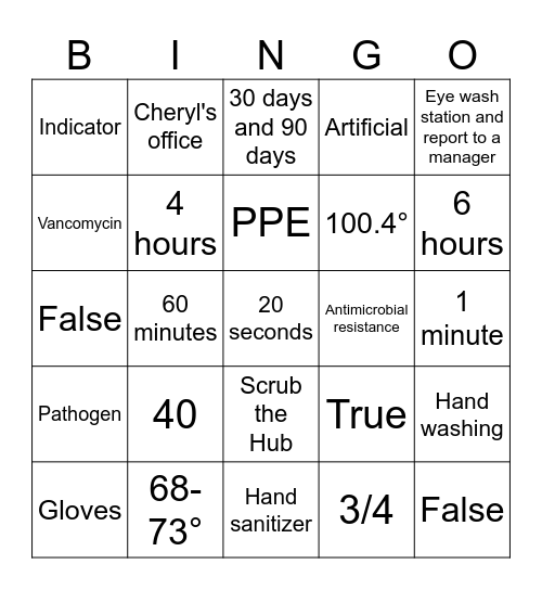 Infection Control BINGO Card