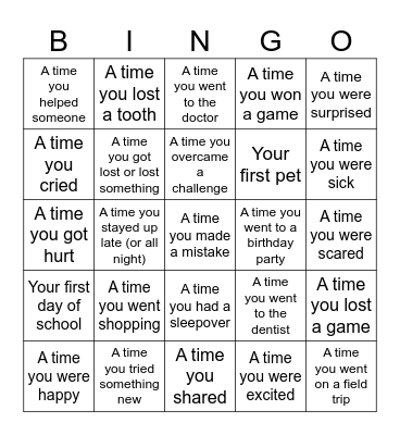 Personal Narrative Bingo Card