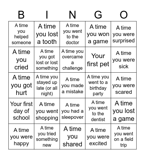 Personal Narrative Bingo Card