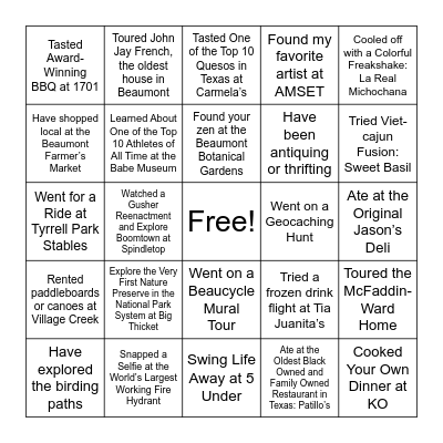 Beaumont Bucket List Bingo Card