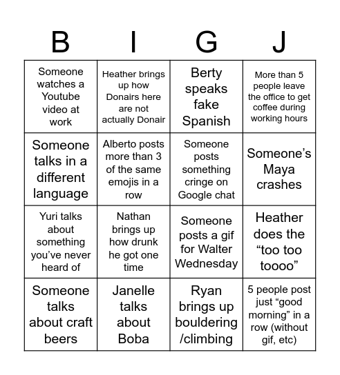 Jacob Bingo Card