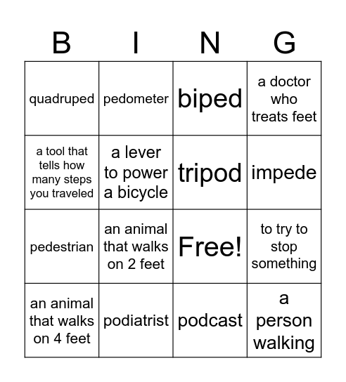 ped/pod Bingo Card