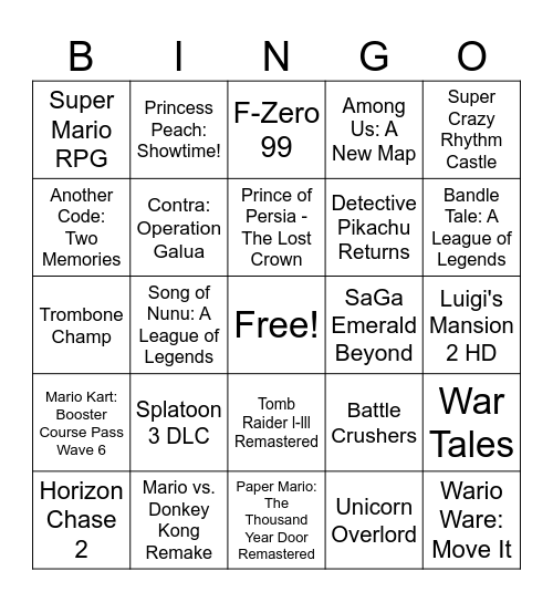 Nitendo Direct Games Bingo Card