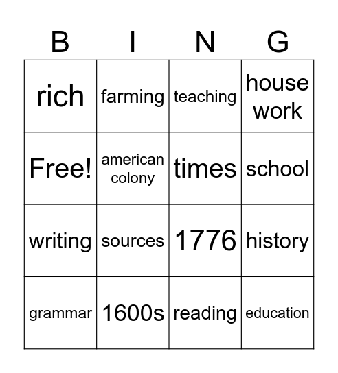 1600s-1776 bingo!!! Bingo Card