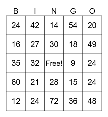 Multiplication Bingo Card