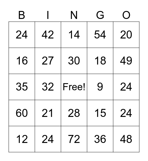 Multiplication Bingo Card