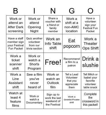 CIFF 59 Volunteer Bingo! Bingo Card