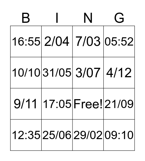 Expressing the Time! Bingo Card