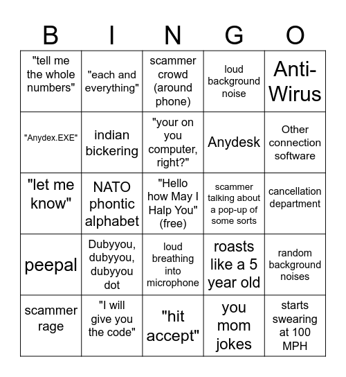 Scammer Bingo Card