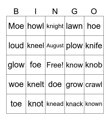 oe, kn Bingo Card