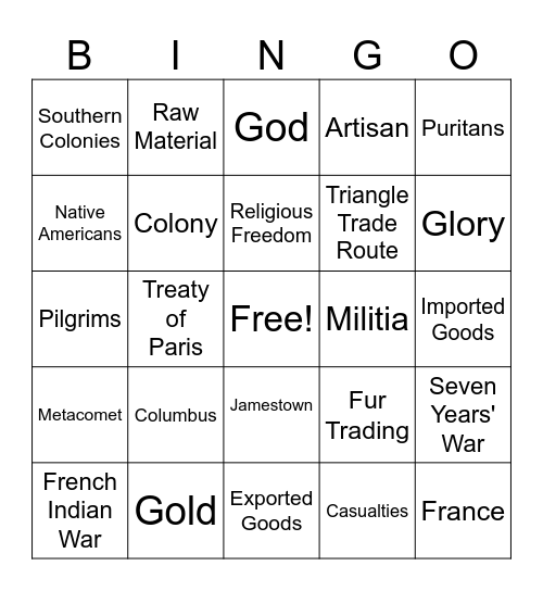 Colonial Times Bingo Card