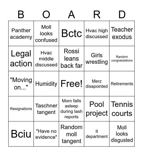 Board meeting Bingo Card